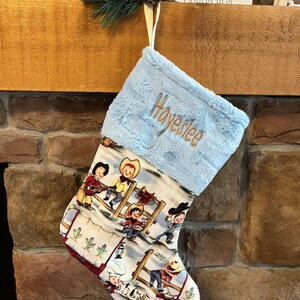 Christmas Stockings for boys, Cowboy, cowpoke, little boys toddler, personalized, nostalgic retro vintage cowboys, rodeo, chuck wagon minky Baby Blue Hide