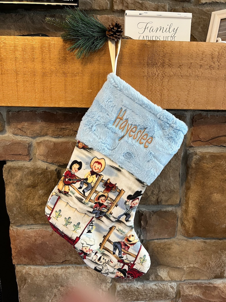 Christmas Stockings for boys, Cowboy, cowpoke, little boys toddler, personalized, nostalgic retro vintage cowboys, rodeo, chuck wagon minky Baby Blue Hide