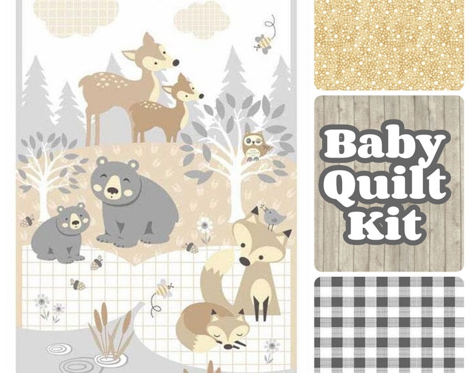 Baby Quilt Kit, Baby Boy Quilt Kit, Animals Bears Fox Deer, Easy Panel Quilt Kit, Cotton Fabric