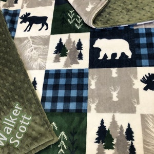 Woodland baby blanket,moose bear, Navy Blue Green, buffalo plaid designer minky, Lumberjack, gift for him, deer buck, rustic, new baby gift