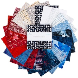 May include: A stack of square fabric swatches arranged in a circular fan pattern, featuring various red, white, and blue patterns including stars, stripes, and geometric shapes. A white paper band labeled Stars & Stitches wraps around the center.