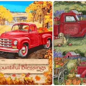 Red Truck Quilt Panel, Fall fabric, harvest blessings, cotton fabric by the yard, autumn leaves pumpkins, bountiful blessings wood sign