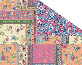 Pre-quilted floral tile, fabric by the yard, cotton quilted fabric, pink roses, floral, easy diy quilt, pink blue yellow, patchwork