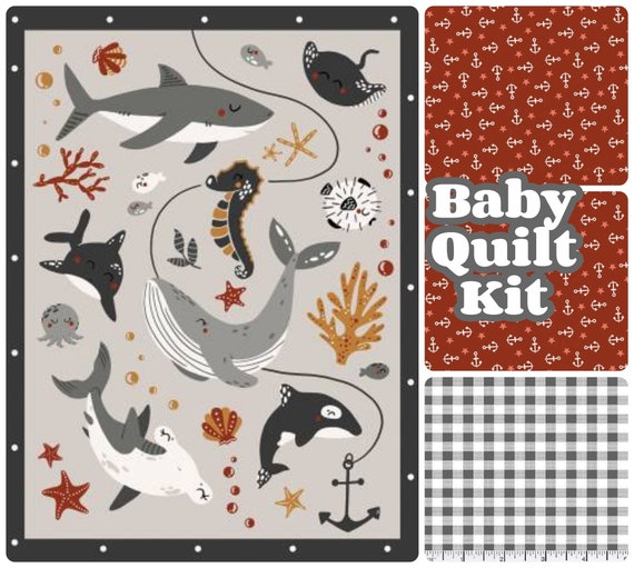 Baby Shark quilt kit, Whale baby fabric, Nautical sea theme, ocean starfish, anchor dolphin, shell red black, gray octopus cotton, neutrals