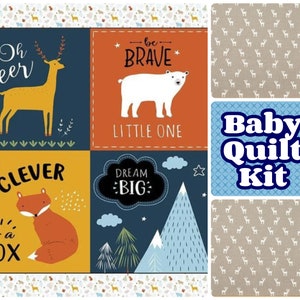 baby quilt kit, woodland animals quilt kit, navy blue, mustard, orange, boy toddler, toddler deer fox  bear mountains, new baby gift diy