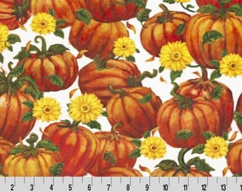 Pumpkin minky fall fabric, Harvest pumpkins and sunflowers, autumn plush fabric, by the yard thanksgiving, halloween, orange, yellow, rust