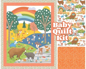 baby quilt kit, baby boy or girl, woodland animals, bear deer fox, rainbow colors, green orange, blue yellow, forest friends, animals happy