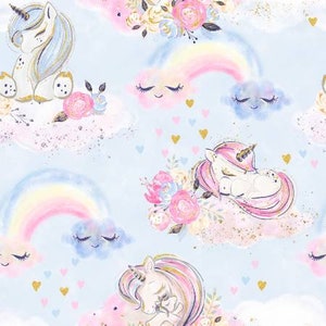 May include: A seamless pattern featuring pastel pink and blue unicorns, rainbows, and clouds on a light blue background. The unicorns are depicted with closed eyes and are surrounded by flowers and glitter.