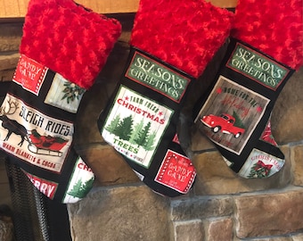 Family Christmas Stockings, Vintage red truck, Christmas Tree Farm, personalized stockings, Reindeer, sleigh holiday decor, red black, lodge