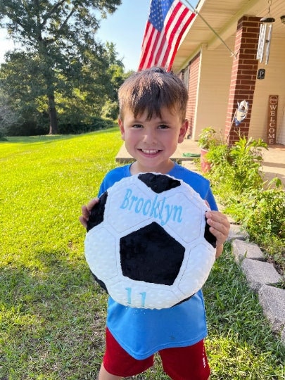 Personalized Soccer Pillow, Soft minky plush pillow, kids sports ball softie, plushie throw pillow, embroidered, stuffed handmade, child toy