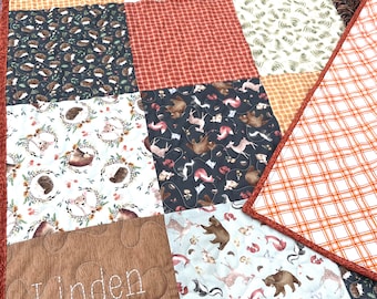 Woodland animals Baby Quilt, gift for baby boy, Rustic brown green tan, new baby gift, forest bear, fox deer bunny, handmade modern