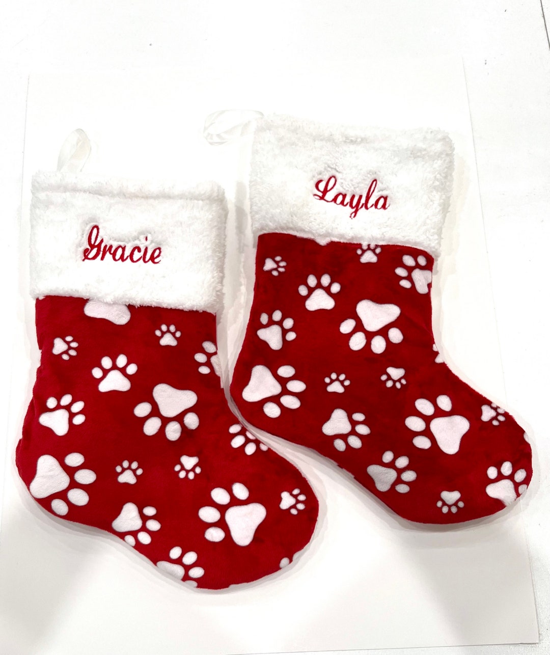 Personalized Dog Christmas Stockings, Paw Print, Pet Puppy Cat, Red White Handmade Faux Fur