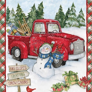 Red Truck and Snowman Christmas fabric panel, 36&quot; red cardinal birds, green trees, snow, cotton fabric by the yard, holiday decor plaid