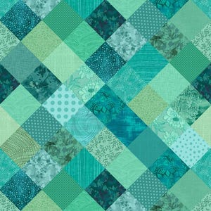 May include: A seamless fabric pattern featuring a grid of diamond-shaped patches in various shades of teal, turquoise, and mint green. The design includes diverse textures and motifs such as polka dots, floral prints, leaves, and geometric lines.