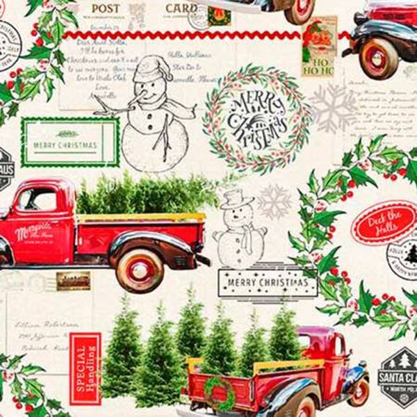 vintage truck Christmas fabric, Christmas deck the halls, red cotton fabric by the yard tree nostalgic retro, festive holiday happy memories