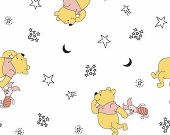 Winnie the Pooh cotton Fabric by the yard, nursery cotton quilting fabric, baby, adorable cute piglet, stars white