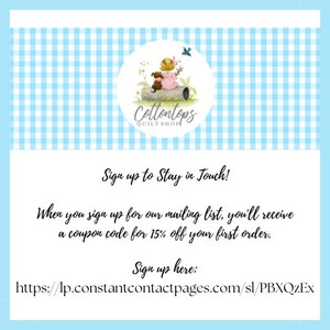 May include: A promotional graphic for Cottontops Quilt Shop, featuring a circular logo with a girl and teddy bear. The background is a light blue and white gingham pattern. Text includes "Sign up to Stay in Touch!" and a link.