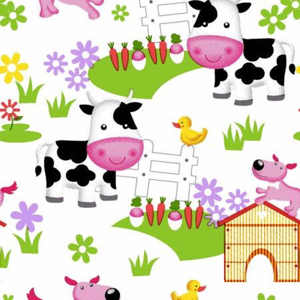 farm animals flannel fabric by the yard, White Barnyard Animals Flannel, sheep lamb pigs ducks chickens, yellow white pink baby fabric soft