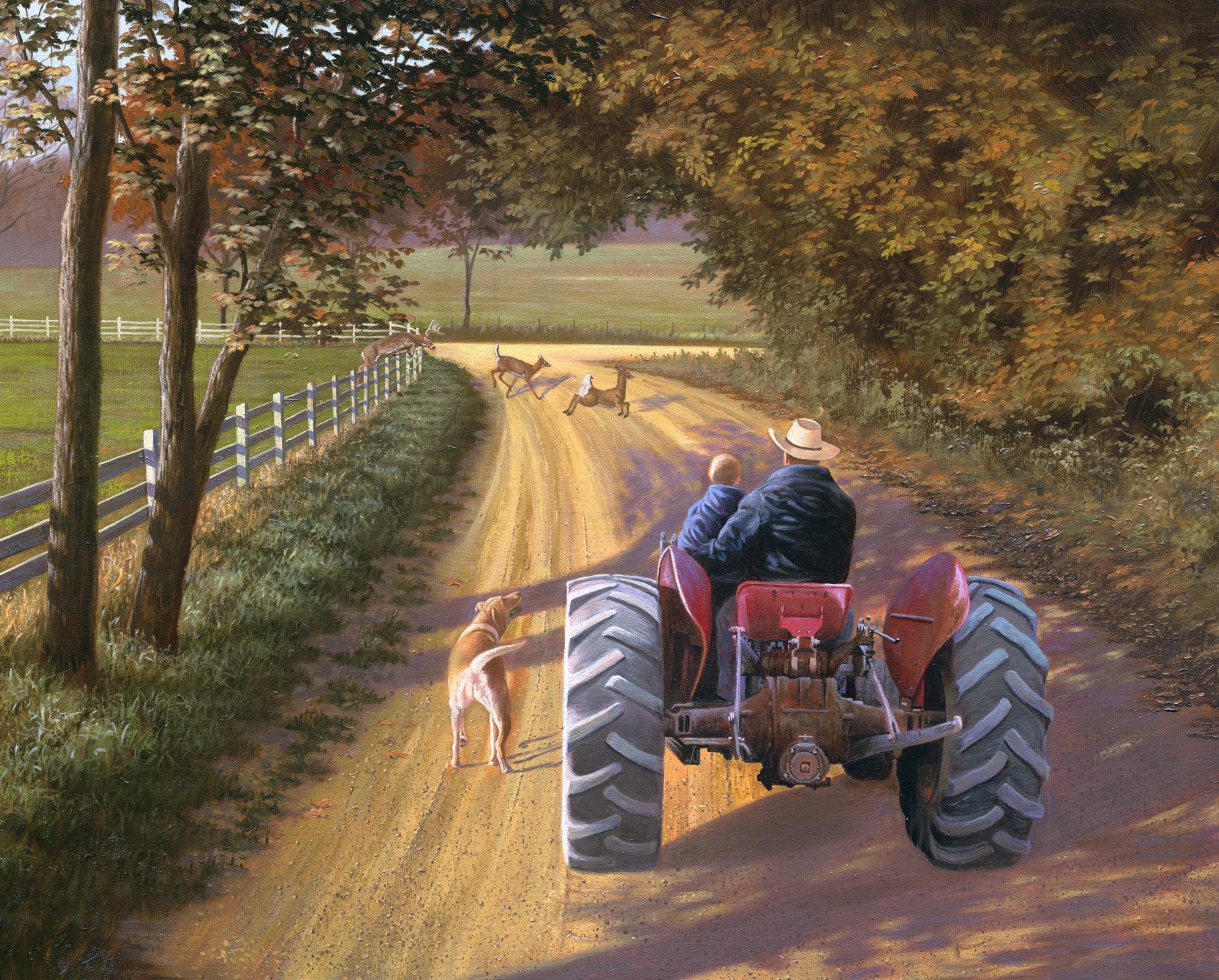 Memory Lane quilt Panel, tractor farm, family, dirt road, cotton fabric, by the yard, Deer buck fawn, pretty country road, deer dog buck