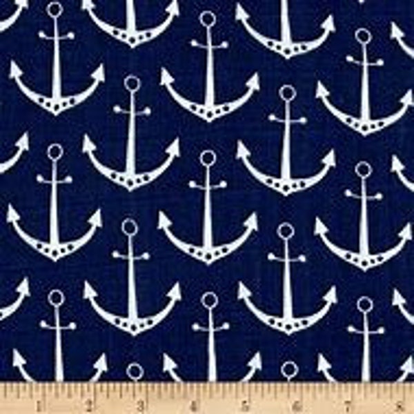 Double Gauze Fabric by the yard ,Navy Anchors,Shannon Fabrics,Cobalt Blue white nautical,muslin,100 percent cotton lightweight,swaddle