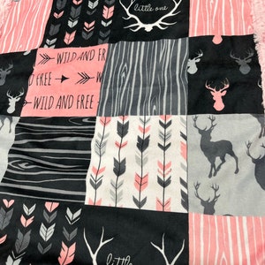 Baby girl deer blanket, buck woodland, arrows minky, blush pink, toddler, antlers, country rustic, black, gray, new baby gift, wild and free