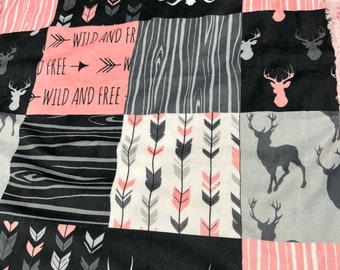 Baby girl deer blanket, buck woodland, arrows minky, blush pink, toddler, antlers, country rustic, black, gray, new baby gift, wild and free