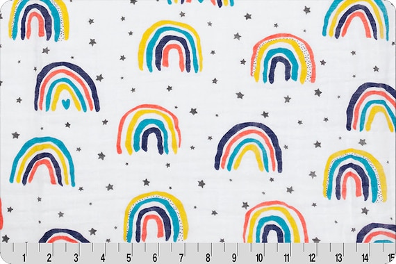Double Gauze Fabric by the yard, Rainbows, Rain or Shine Embrace Rainbows, star white, muslin, soft 100 percent cotton, swaddle baby blanket