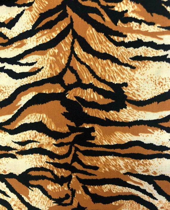 tiger print cotton Fabric by the yard, animal print cotton quilting fabric,  exotic tan brown stripe cat, Halloween costume making fabric