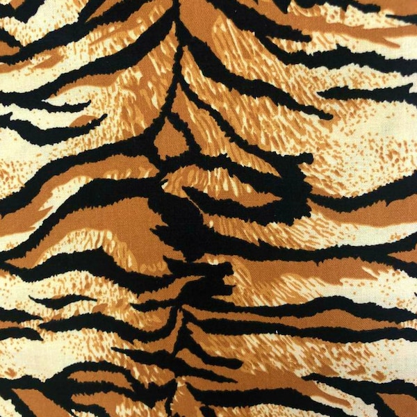 tiger print cotton Fabric by the yard, animal print cotton quilting fabric, exotic tan brown stripe cat, Halloween costume making fabric