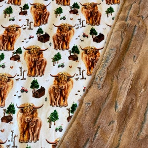 Highland Cows blanket, cattle, minky baby boy, cow horns, farm country rustic, new baby gift, farmhouse, bull steer, tractor, country barn