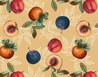 May include: A repeating pattern of watercolor illustrations of peaches, plums, and apples on a tan background. The fruits are accompanied by green leaves and white leaf outlines, creating a botanical design.