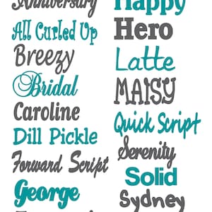 May include: A selection of words in different fonts and colours, including teal and grey. Words such as "Anniversary", "Happy", and "Bridal" are displayed. The text is arranged on a white background.