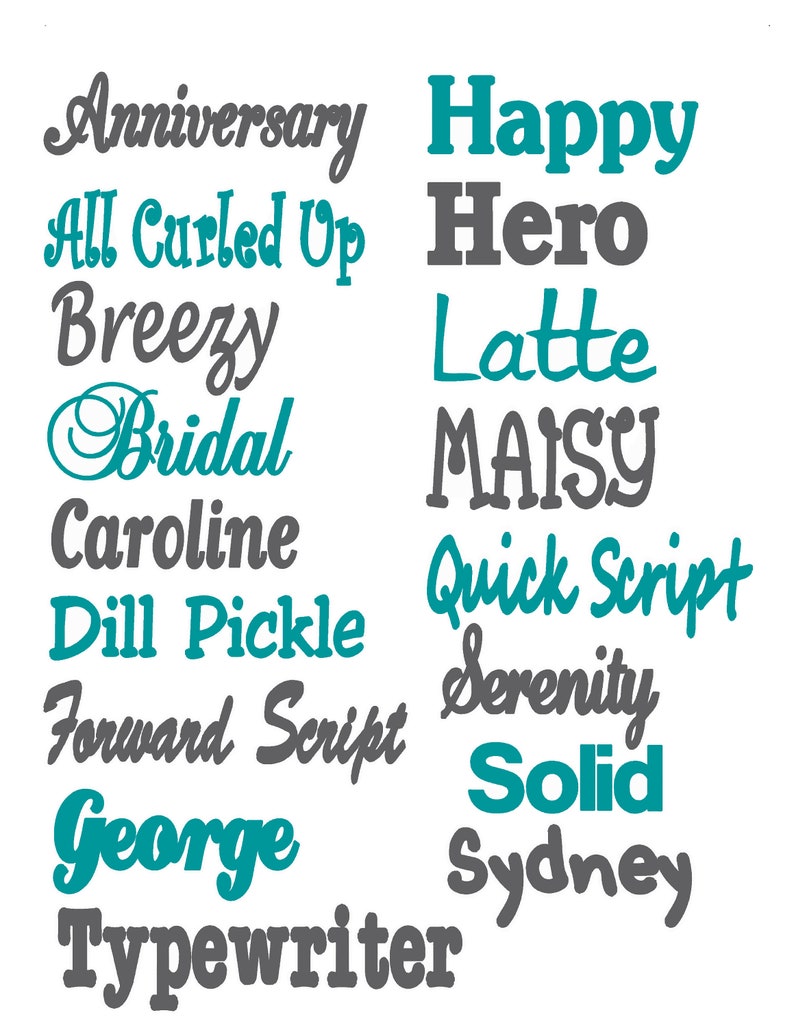 May include: A selection of words in different fonts and colours, including teal and grey. Words such as "Anniversary", "Happy", and "Bridal" are displayed. The text is arranged on a white background.