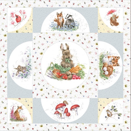 Bunny baby quilt kit, Bramble Patch buy fabric by Hannah Dale, animals fox country farm rustic, nursery, easy panel, nursery, diy kit, adorable