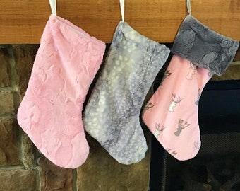 faux fur Christmas Stockings, baby girl pink gray fluffy, personalized modern, family trendy, silver fawn hide soft plush, holiday decor