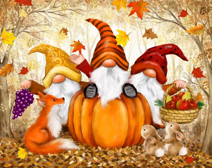 Fall Gnomes Fabric Panel, Pumpkins Leaves,fox Quilting Cotton, Digital