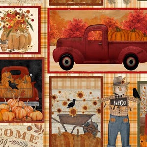 May include: A fabric print featuring autumn scenes with red trucks, pumpkins, sunflowers, and a scarecrow. The design includes a scarecrow holding a sign that says hello, black crows, wheelbarrows, and plaid patterns in orange, brown, and cream.