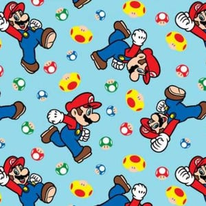 Super Mario cotton fabric, Mario and Mushroom Toss, Nintendo quilting, Video Games, Gaming, Kids Childrens