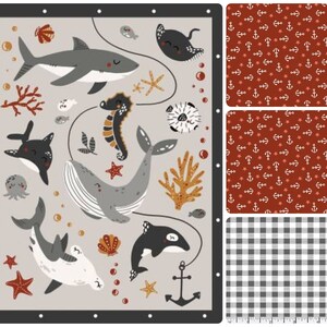 May include: A gray and white whale, a gray shark, a seahorse, a stingray, and an orca are swimming in a light gray ocean with coral, starfish, and bubbles. The background is a red and white anchor pattern, a red and white star pattern, and a black and white gingham pattern.