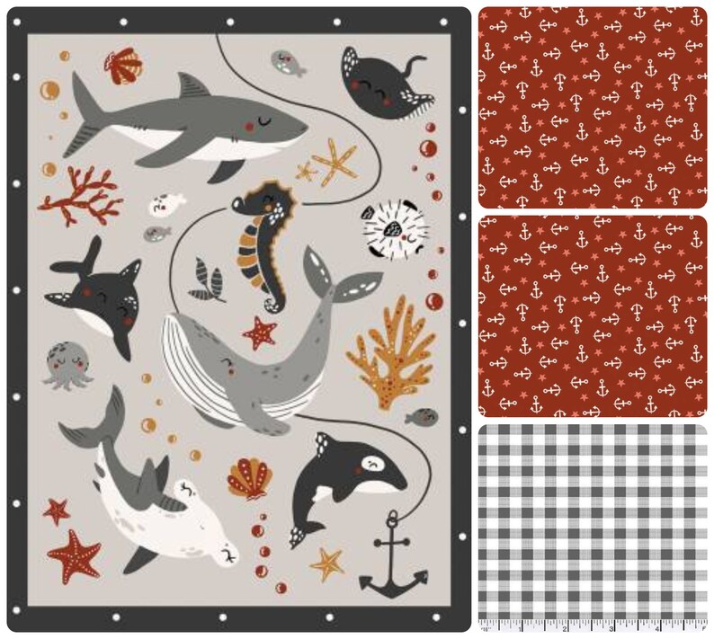 May include: A gray and white whale, a gray shark, a seahorse, a stingray, and an orca are swimming in a light gray ocean with coral, starfish, and bubbles. The background is a red and white anchor pattern, a red and white star pattern, and a black and white gingham pattern.