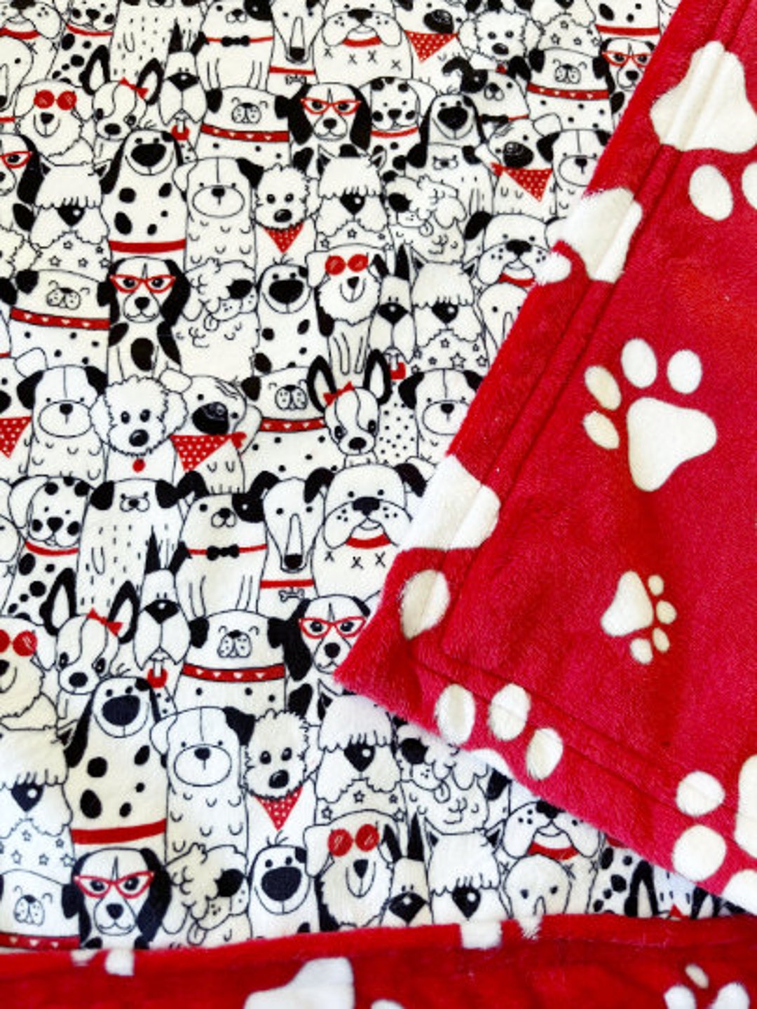 Personalized Dog Blanket, Red Black Faces, Paw Print, Pawprint,dogs