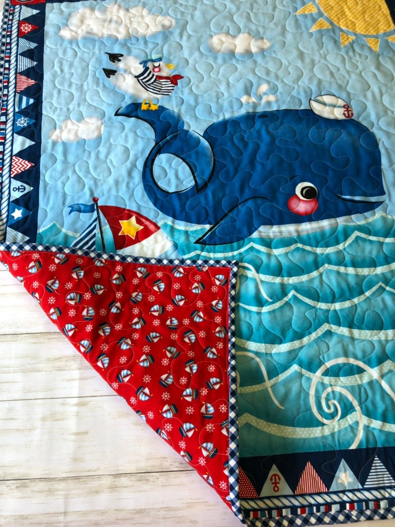 whale baby quilt toddler fun happy blue red sail boats fish nautical baby quilt baby boy nursery decor sailboat,ocean sea water sunshine