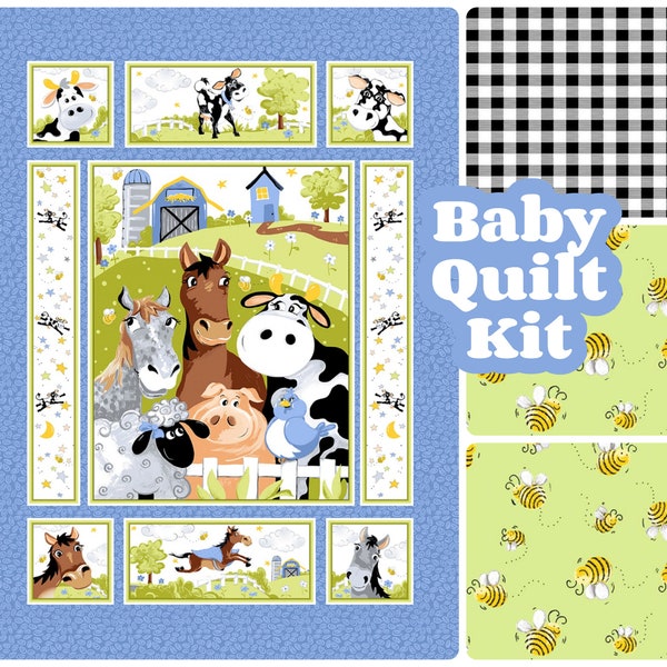 Baby quilt kit, farm animals, horses cows sheep, pig blue green, toddler boy, easy panel quilt, sewing barnyard, cotton fabric, bees barn