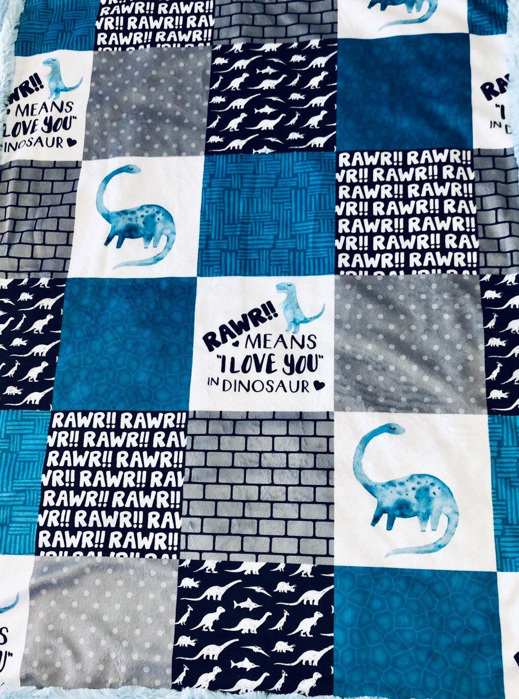 Dinosaur Baby Blanket Blue Dino Boy Toddler Designer Minky Etsy
