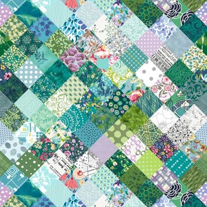 May include: A patchwork quilt featuring a variety of fabrics in shades of green, blue, and purple. The quilt is made up of numerous diamond-shaped patches, each with a unique floral or geometric pattern. The overall design is a vibrant and colorful display.