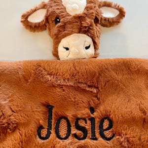 Cow Lovie, personalized security blanket, red cow head soft Minky, nursery, new baby gift, handmade, fluffy lovey cute soft, cowboy image 6