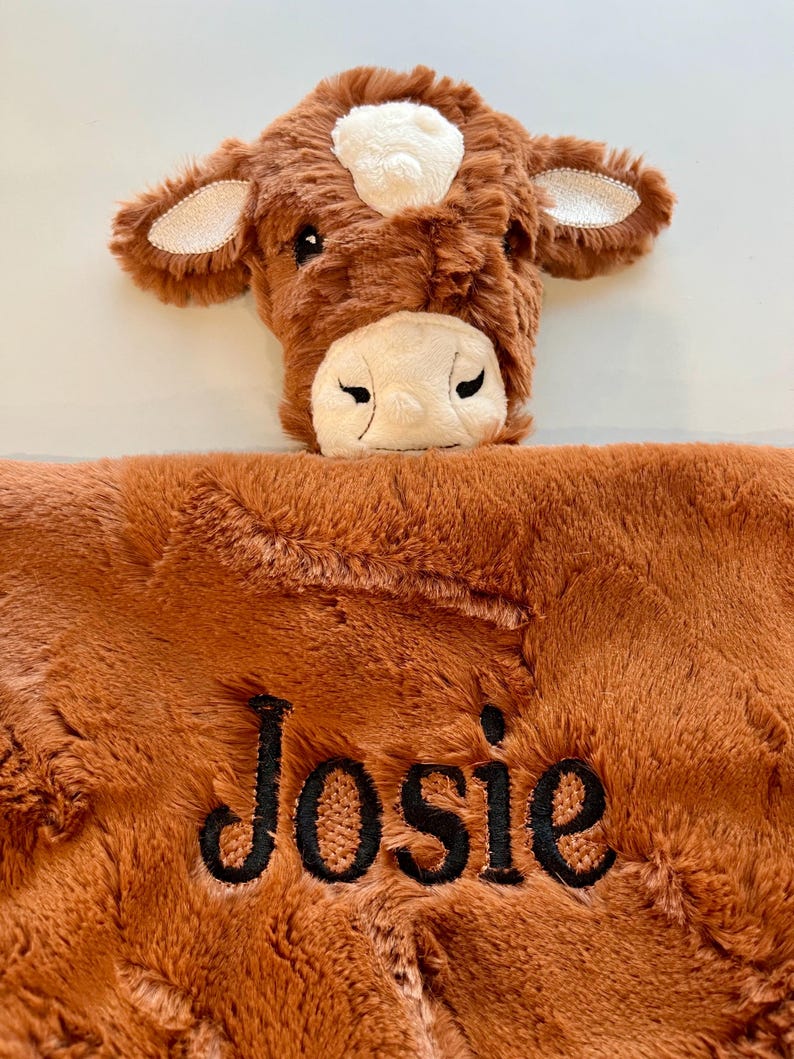 Cow Lovie, personalized security blanket, red cow head soft Minky, nursery, new baby gift, handmade, fluffy lovey cute soft, cowboy image 6