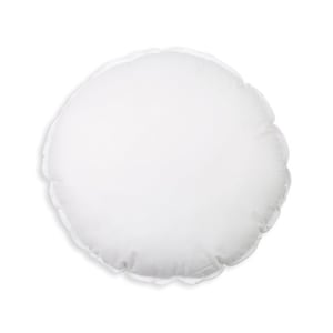 May include: A round, white pillow with a ruffled edge. The pillow is a solid white color and appears to be made of a soft, plush material. The pillow is circular in shape.