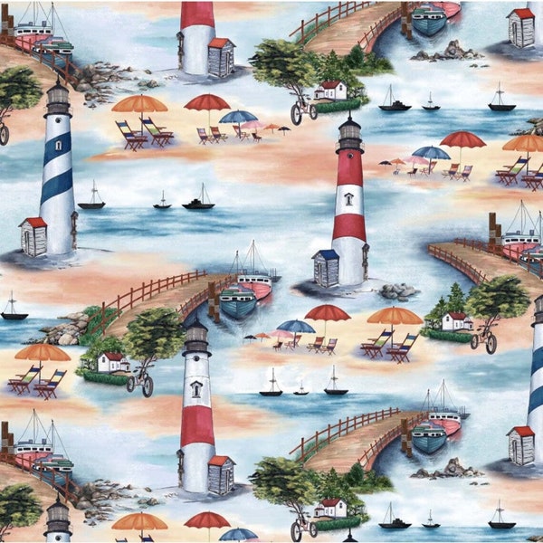 Lighthouse cotton, fabric by the yard, At the Beach, quilting cotton, From Michael Miller, summer, ocean, nautical, sea themed