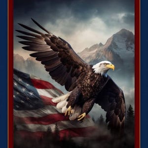 May include: A majestic bald eagle in flight, with outstretched wings, against a backdrop of the American flag and mountain range. The eagle has brown feathers, a white head, and a yellow beak. The flag displays red and white stripes and blue field with white stars.